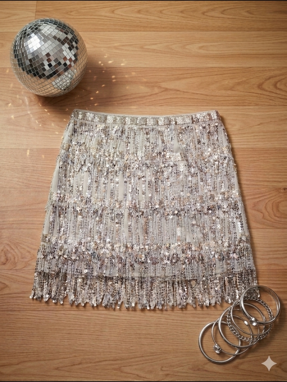 NWT Sequin Fringe Mini Skirt - Silver Size Large